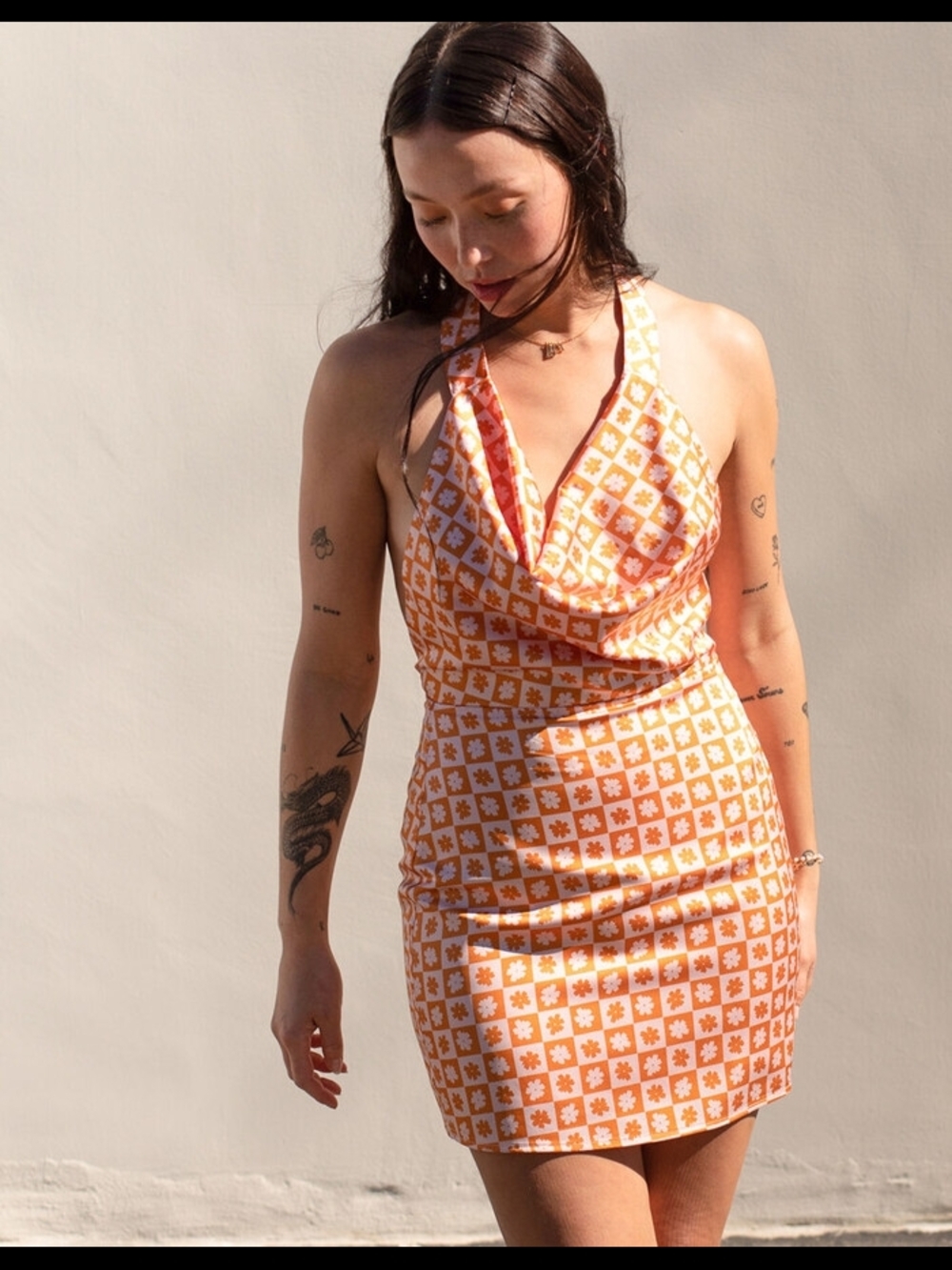 Orange Check Halter Mini Dress with Cowl Neck